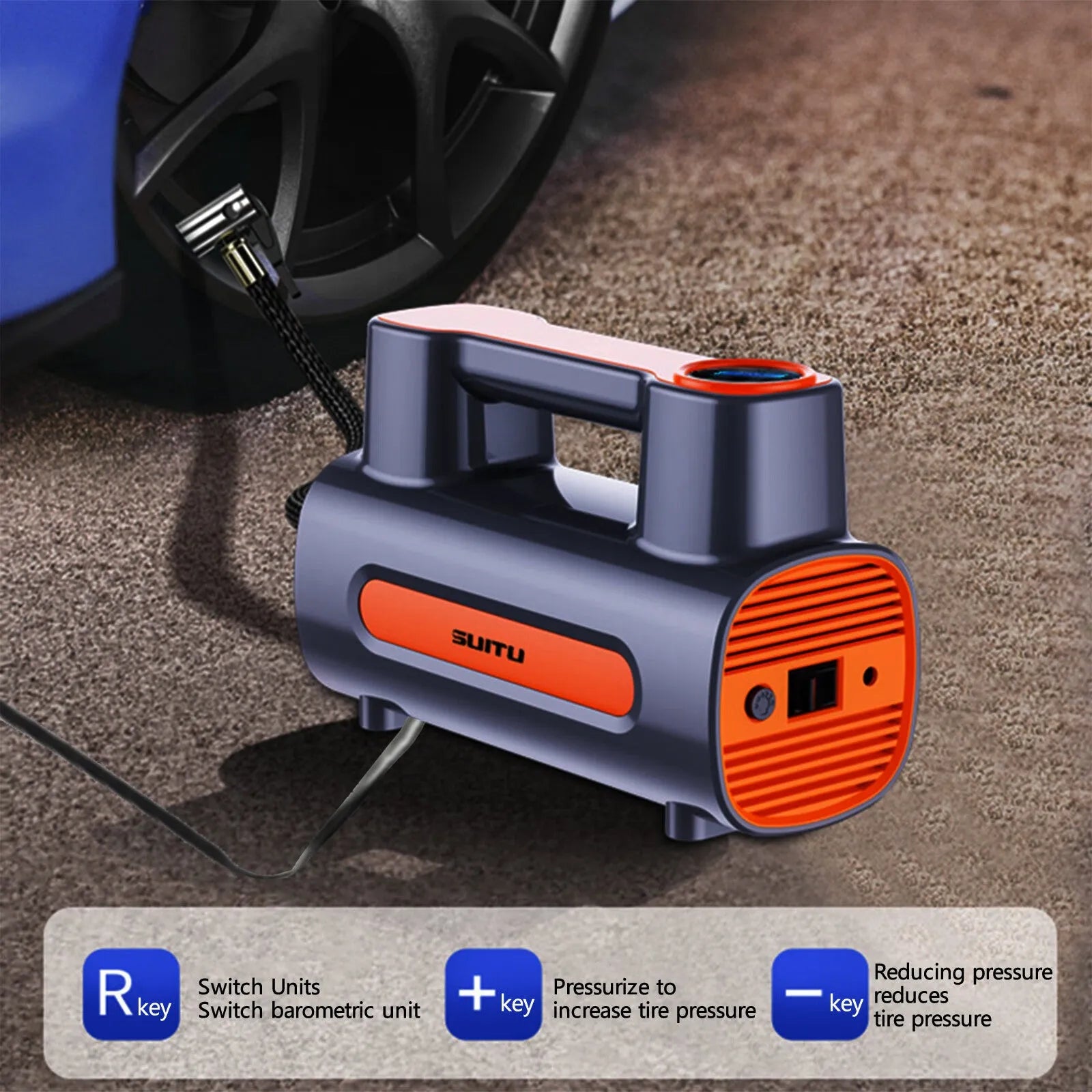 Portable cordless car tyre inflator with digital display showing pressure reading on ABS plastic housing