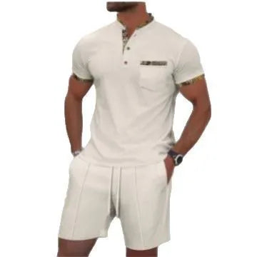 Men's grey zip-front polo collar tracksuit top and shorts set laid flat.