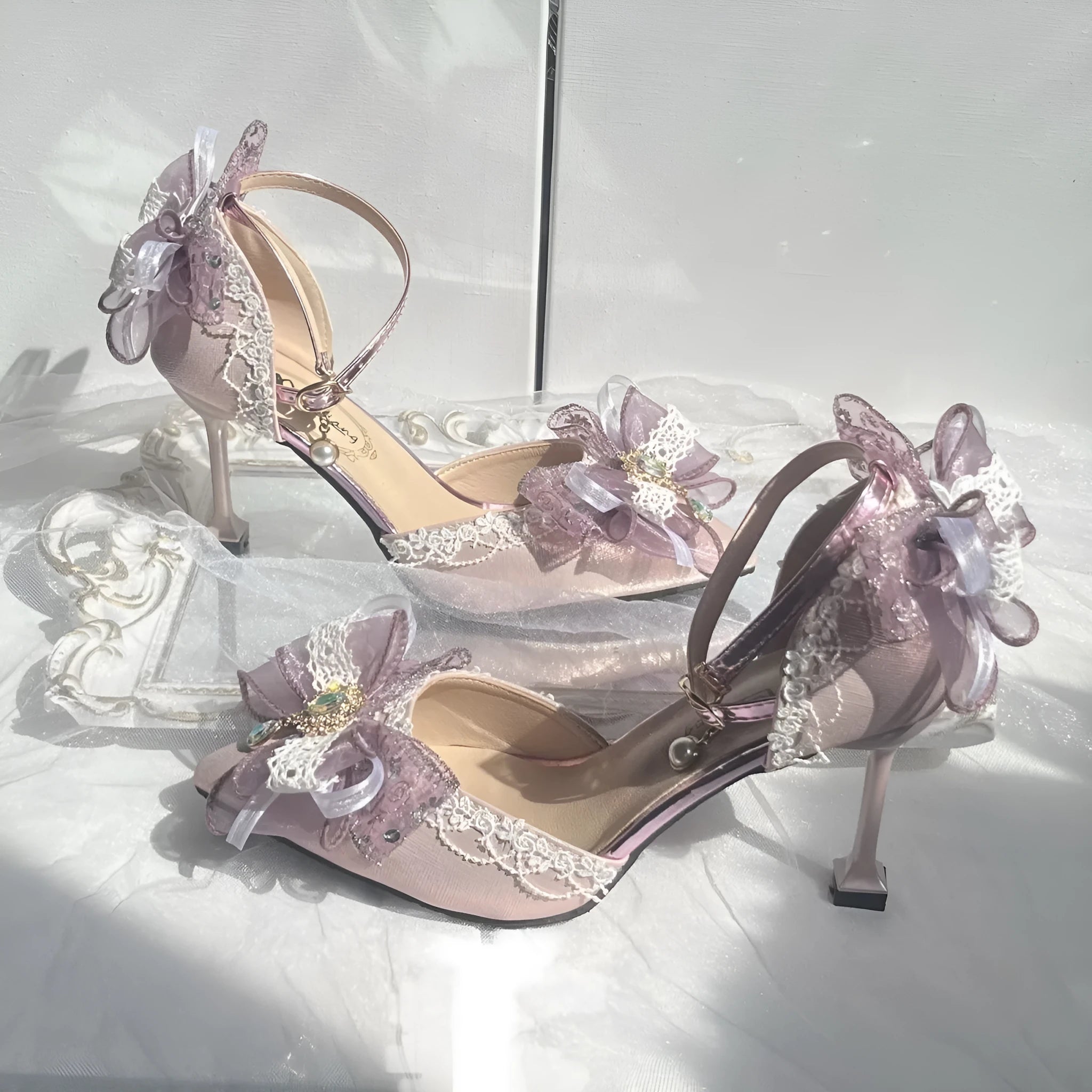 Purple satin women's wedding shoes with square toe and stiletto heel in Lolita style.