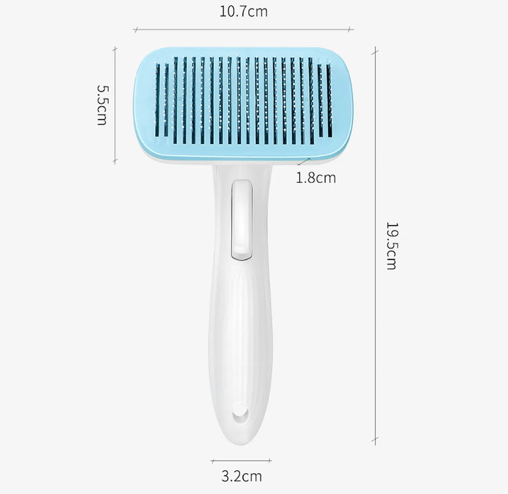Automatic pet grooming comb with four interchangeable heads in blue, grey, green, or pink colours.