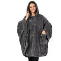 A thick, hooded, long-sleeve bathrobe in a solid colour, shown on a hanger.