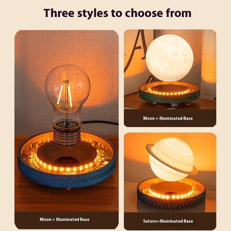 Magnetic suspension moon lamp floating above surface with 3D-printed celestial design