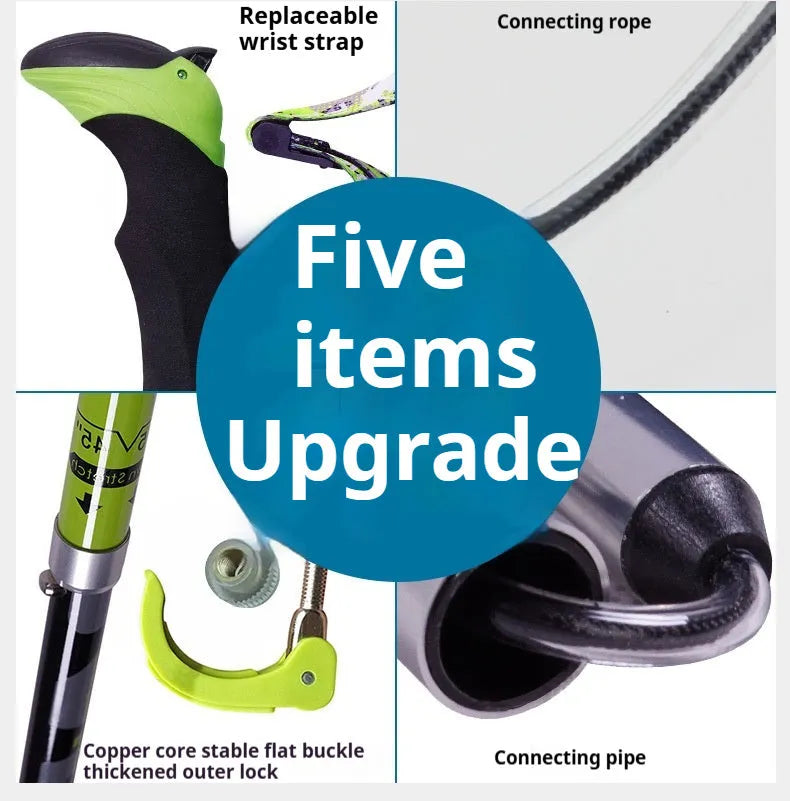 Carbon fibre folding climbing cane with tungsten steel tip in matte black colour, shown in extended and folded positions