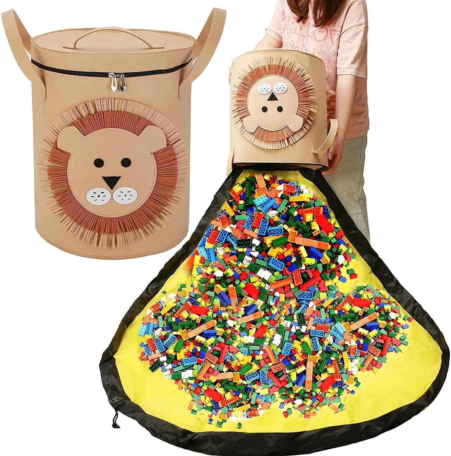 Green felt cube storage bag with pull rope, shown open as a play mat and closed as a toy container.
