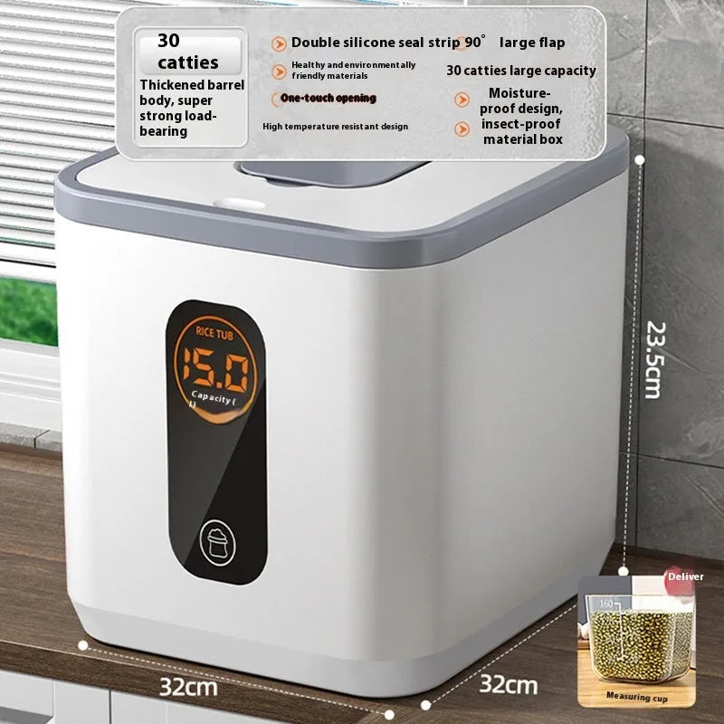 Grey plastic household rice storage jar with a sealed lid, shown with a measuring cup.