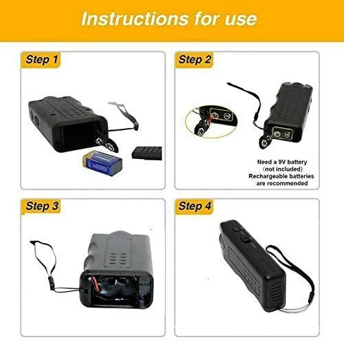 Ultrasonic dog repeller 3 in 1 ABS device with 125dB output, shown in double-head and single-head styles, 14x6x3cm.