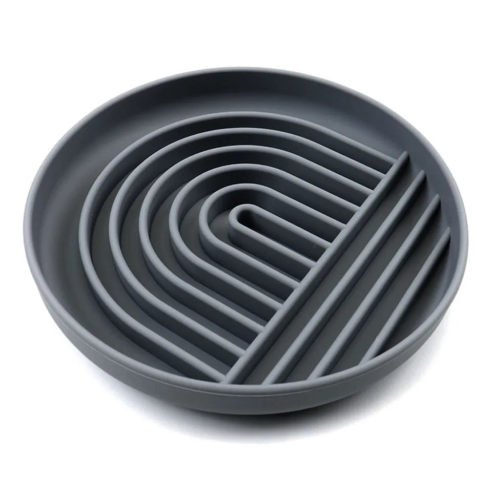 Silicone dog slow feeder bowl with textured ridges, shown in beige colour