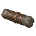 Wood colour plastic dog toy shaped as a sounding bone with textured ridges for dental cleaning.