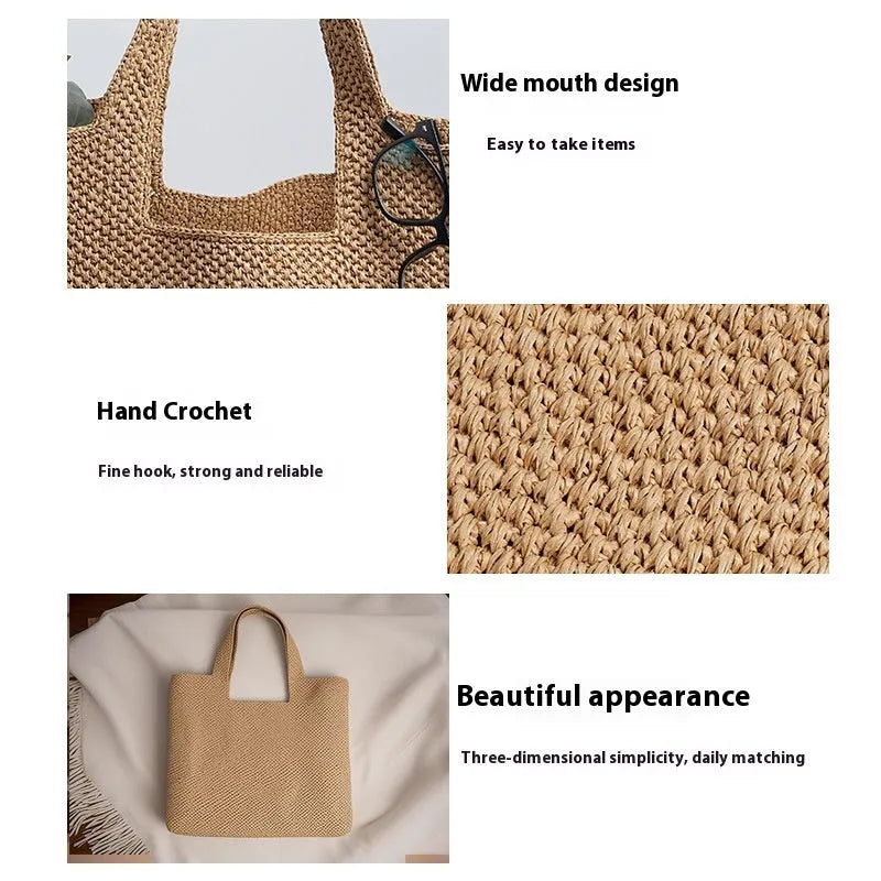 Straw woven commuter tote bucket bag with horizontal square shape and woven texture