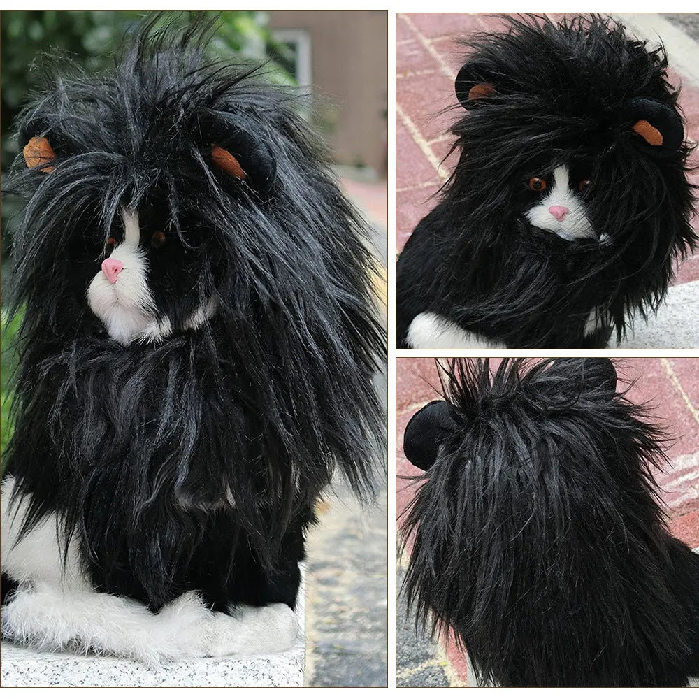 Pet lion headgear wig hat costume on cat with adjustable strap in black colour