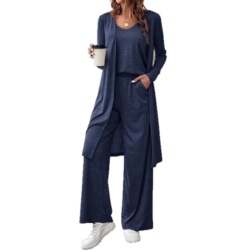 Blue polyester three-piece women's casual suit set with sling top, long cardigan, and trousers
