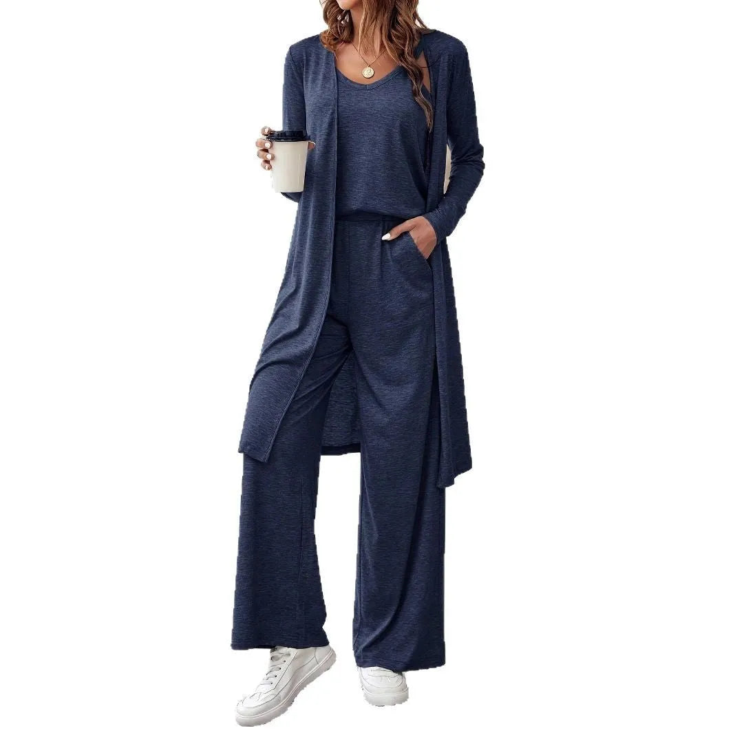 Blue polyester three-piece women's casual suit set with sling top, long cardigan, and trousers