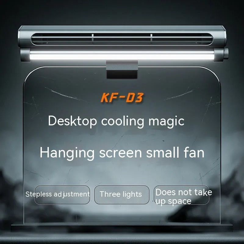 Black USB-powered bladeless fan clipped to a laptop screen with an integrated lighting lamp.