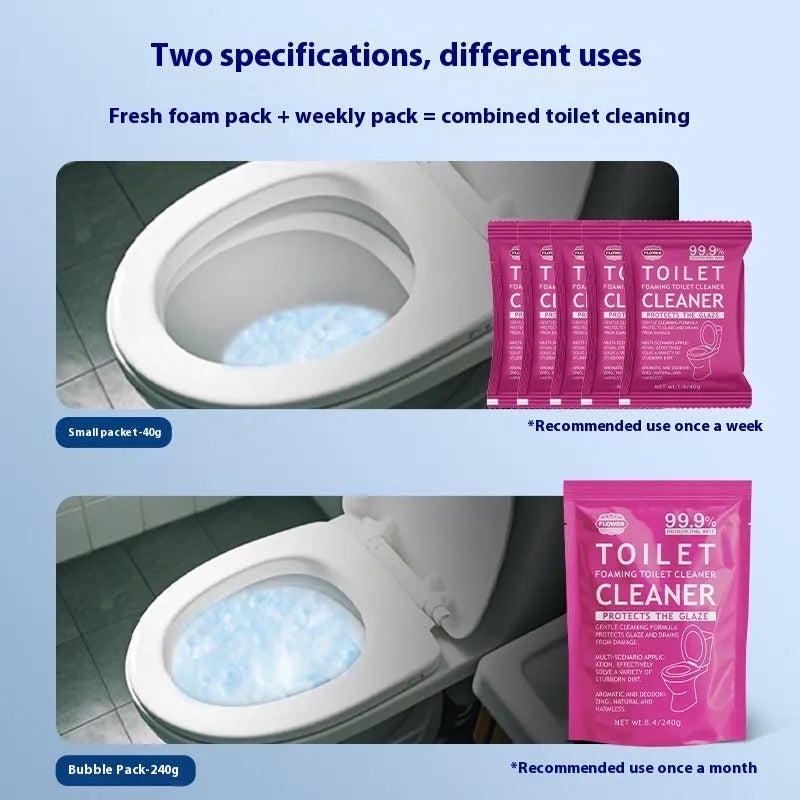 Toilet effervescent cleaning powder in blue ocean or pink floral fragrance, showing box of 5 bags and large refill bag.