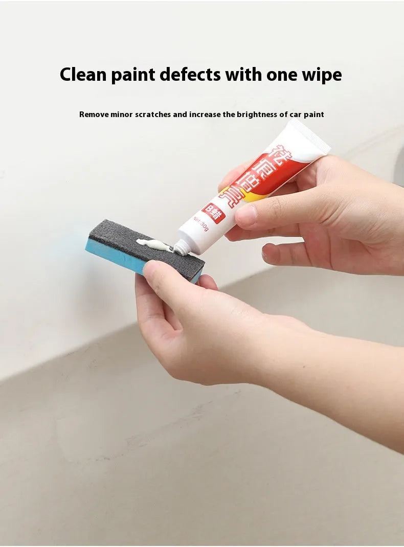 Car repair wax kit showing bottles of scratch removal wax A, polishing wax B, and a frosted sponge mop.
