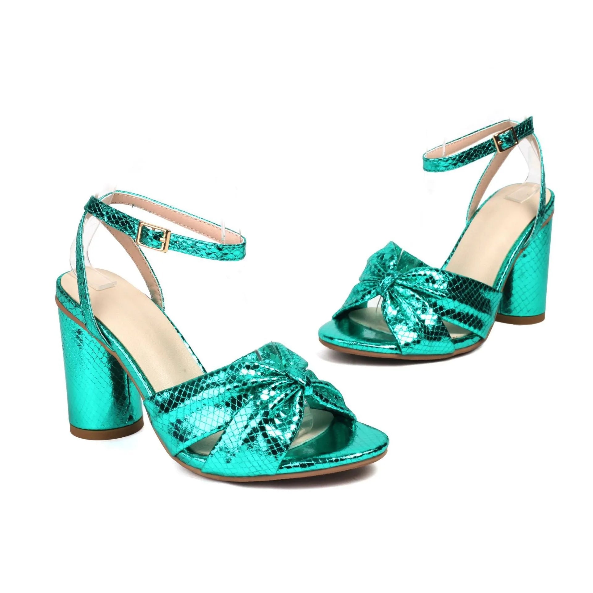 Gold women's high-heel peep-toe sandals with an adjustable ankle buckle on a white background.