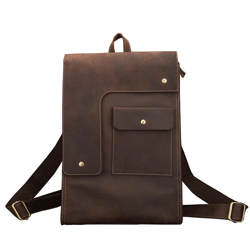 Dark brown genuine leather men's travel bag with shoulder straps and vertical square shape