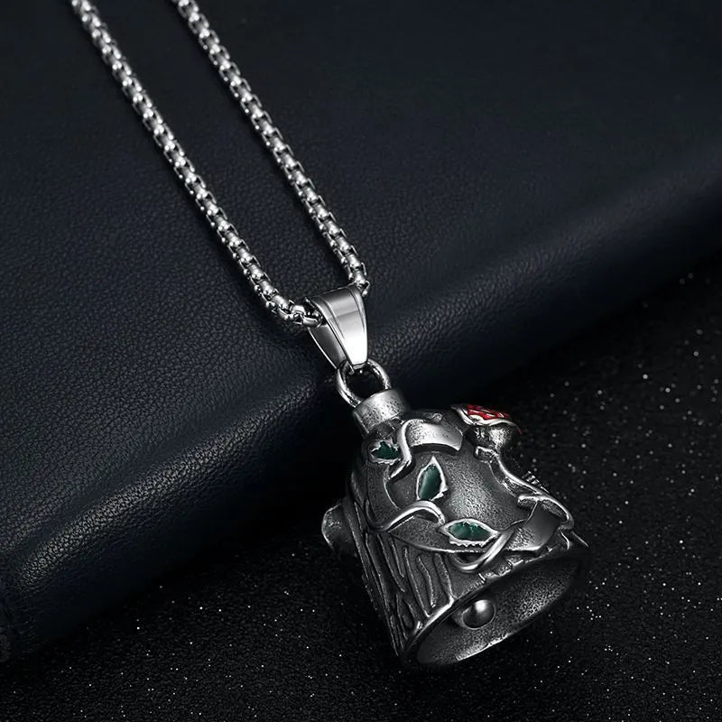 Polished titanium steel vintage motorcycle lucky bell with double-sided epoxy rose design in retro steel colour.