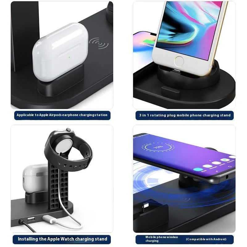 15W wireless charging stand with phone, headset and watch holders in metallic finish