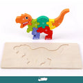 Wooden dinosaur 3D puzzle building blocks for children showing six dinosaur models.