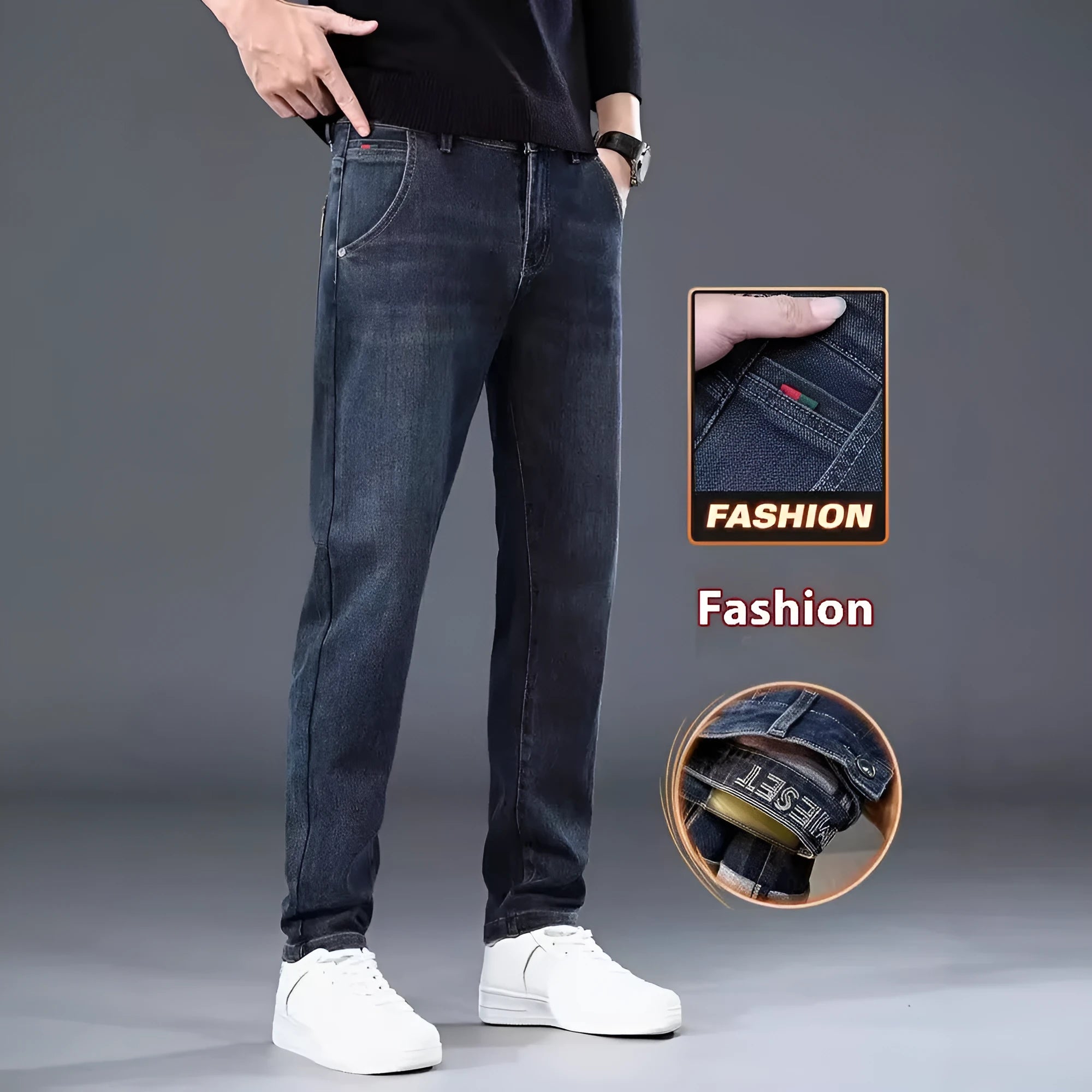 Man wearing slim straight blue-grey casual trousers with a micro-elastic waist for street fashion summer wear.