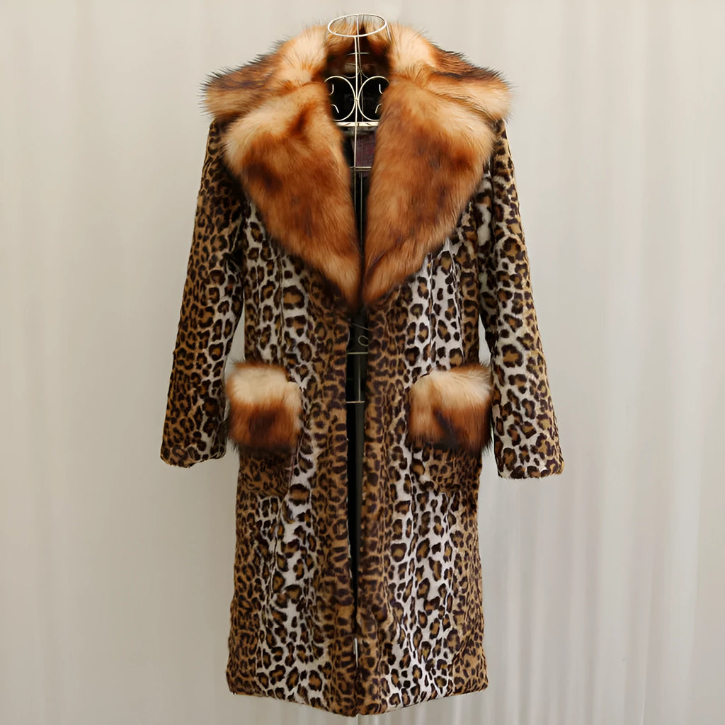 Women's long leopard print artificial fur jacket on a hanger.