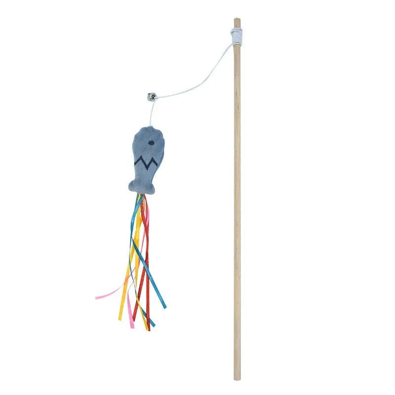 Cat wand toy with wooden handle, elastic rope, catnip fish, colourful ribbons, and bell