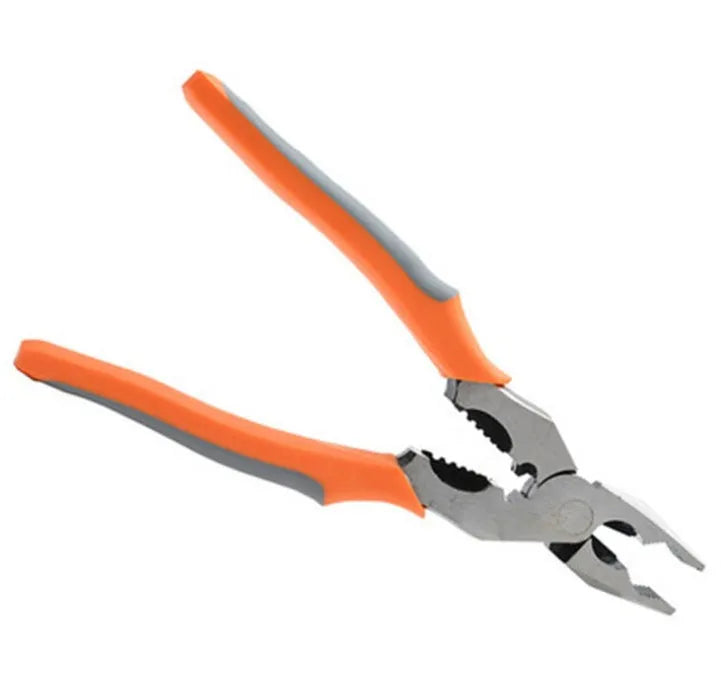 Orange multi-function wire cutter pliers with alloy steel head and PVC handle.