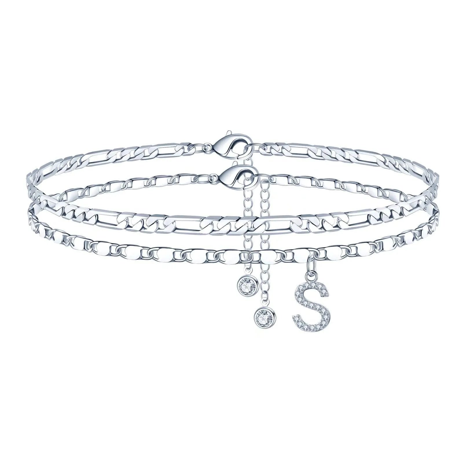 Silver-coloured copper anklet with a double-circle bead engraved with a letter.
