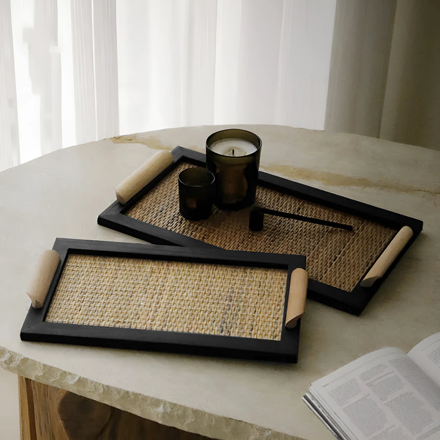 Pine wood dining tray with compartment design for organised serving, shown in large and small size options