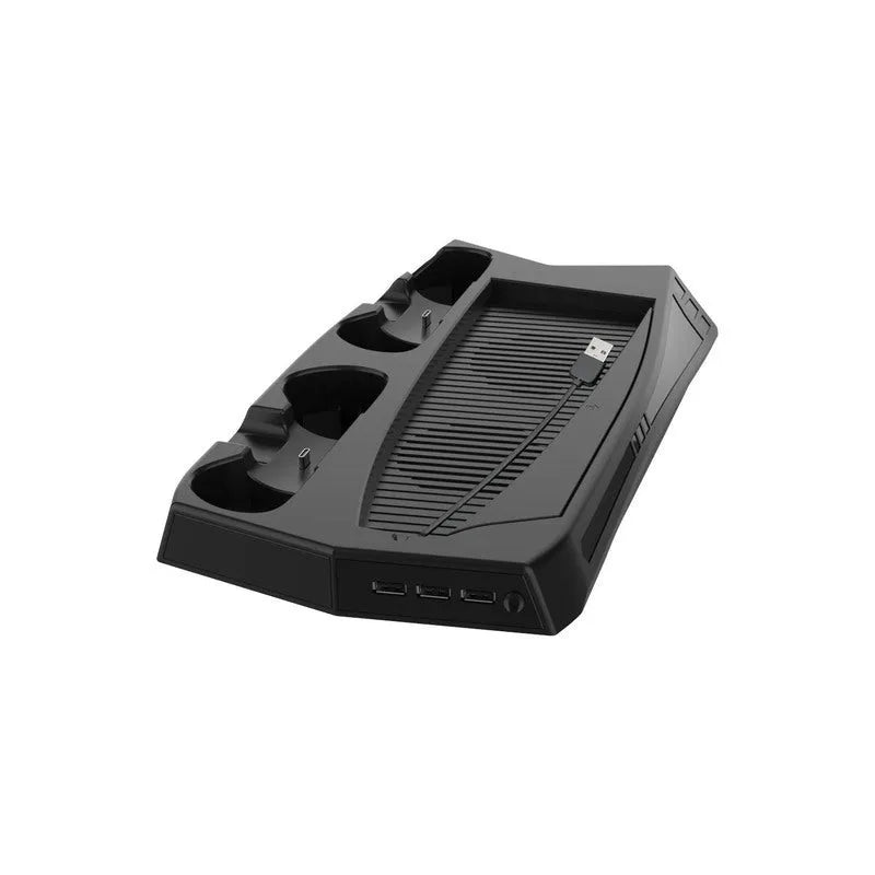 Black PS5 cooling and charging base station with two controller docks, USB ports, and a cooling fan.