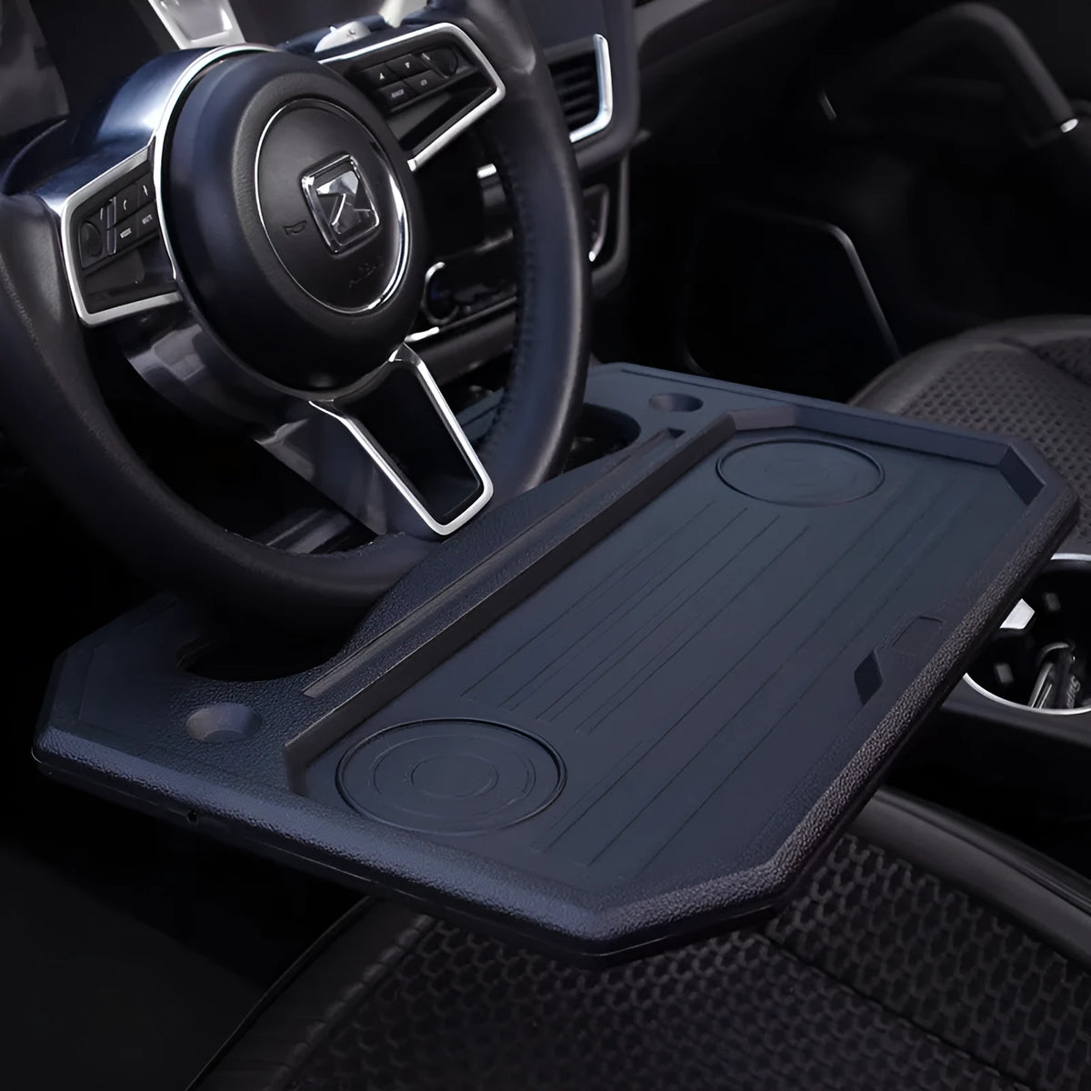 Car steering wheel desk tray in black HDPE and PU leather with phone slot and cup holder, 420x280mm