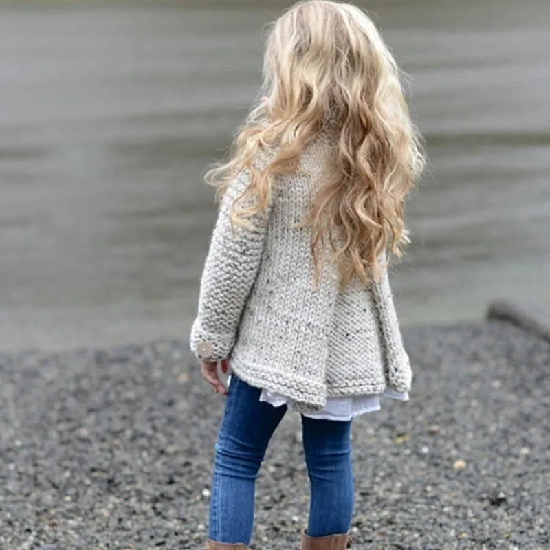 Beige girls cardigan sweater with long sleeves and single-breasted closure