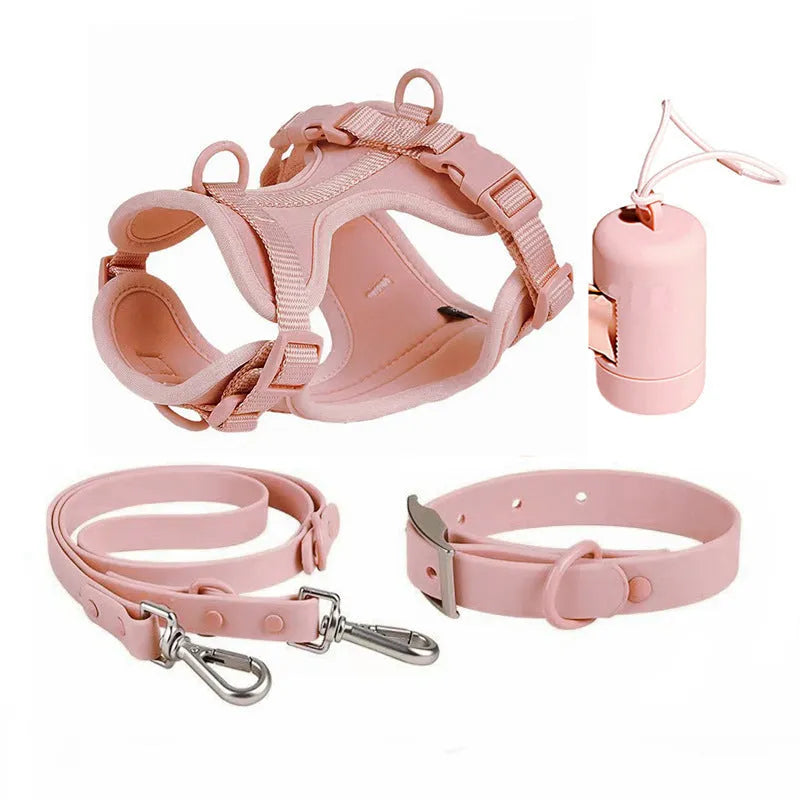 Waterproof PVC dog tactical chest back set with anti-bite collar, traction rope, toilet bowl, and chest and back piece in ten colours