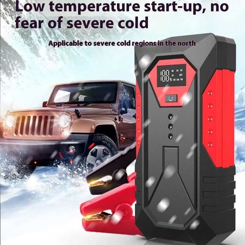 Red 12V car emergency jump starter power bank with battery clamps
