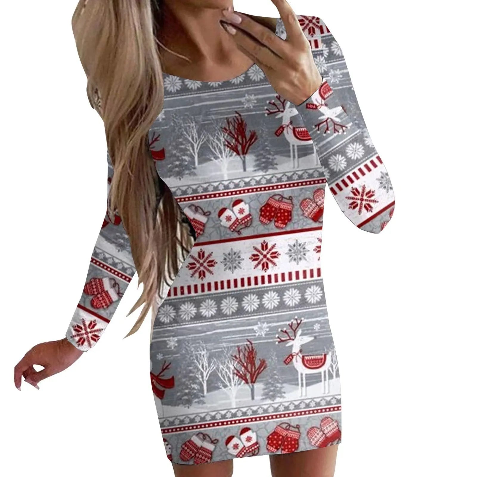 Red Christmas dress with animal print pattern, round neck and long sleeves, shown in a fitted hip skirt style.