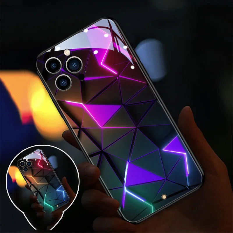 Transparent tempered glass iPhone case with a lit-up lightning diamond pattern on the back.