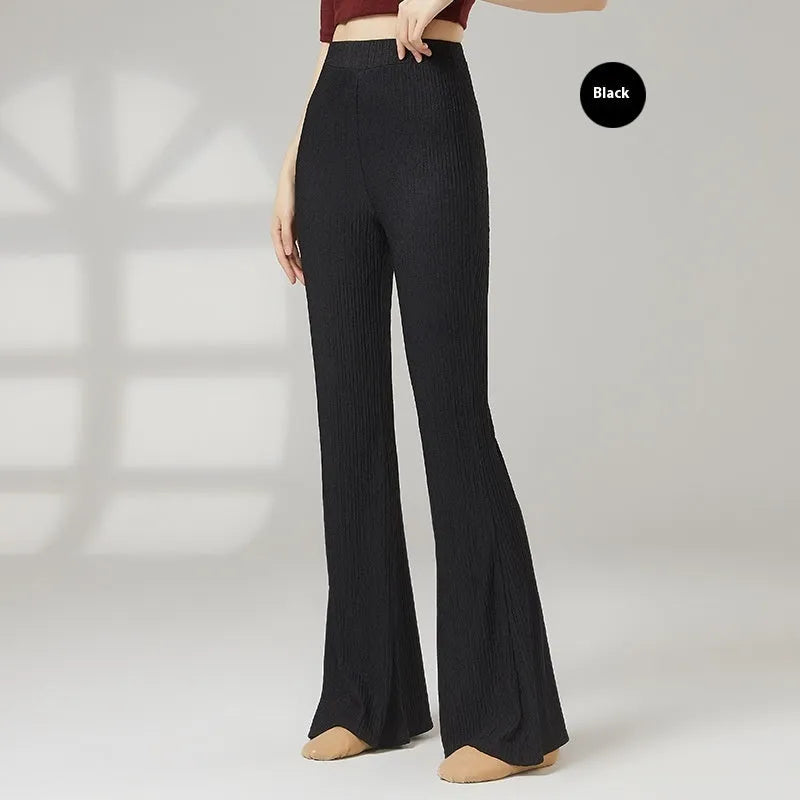 Female classical dance practice pants in polyester fabric showing five colour options including beige apricot and taro purple