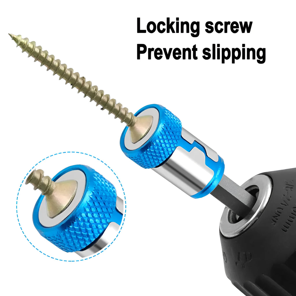 Light blue slotted screwdriver bit with a magnetic ring for metric screws