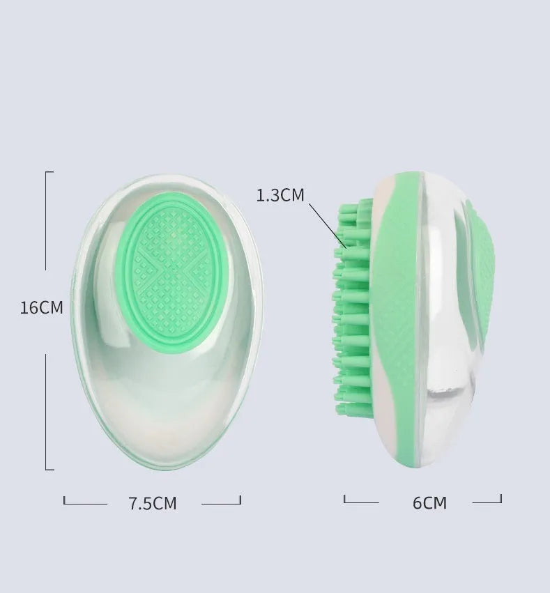2-in-1 pet bath brush with soft silicone bristles, shampoo reservoir, and non-slip grip in pink