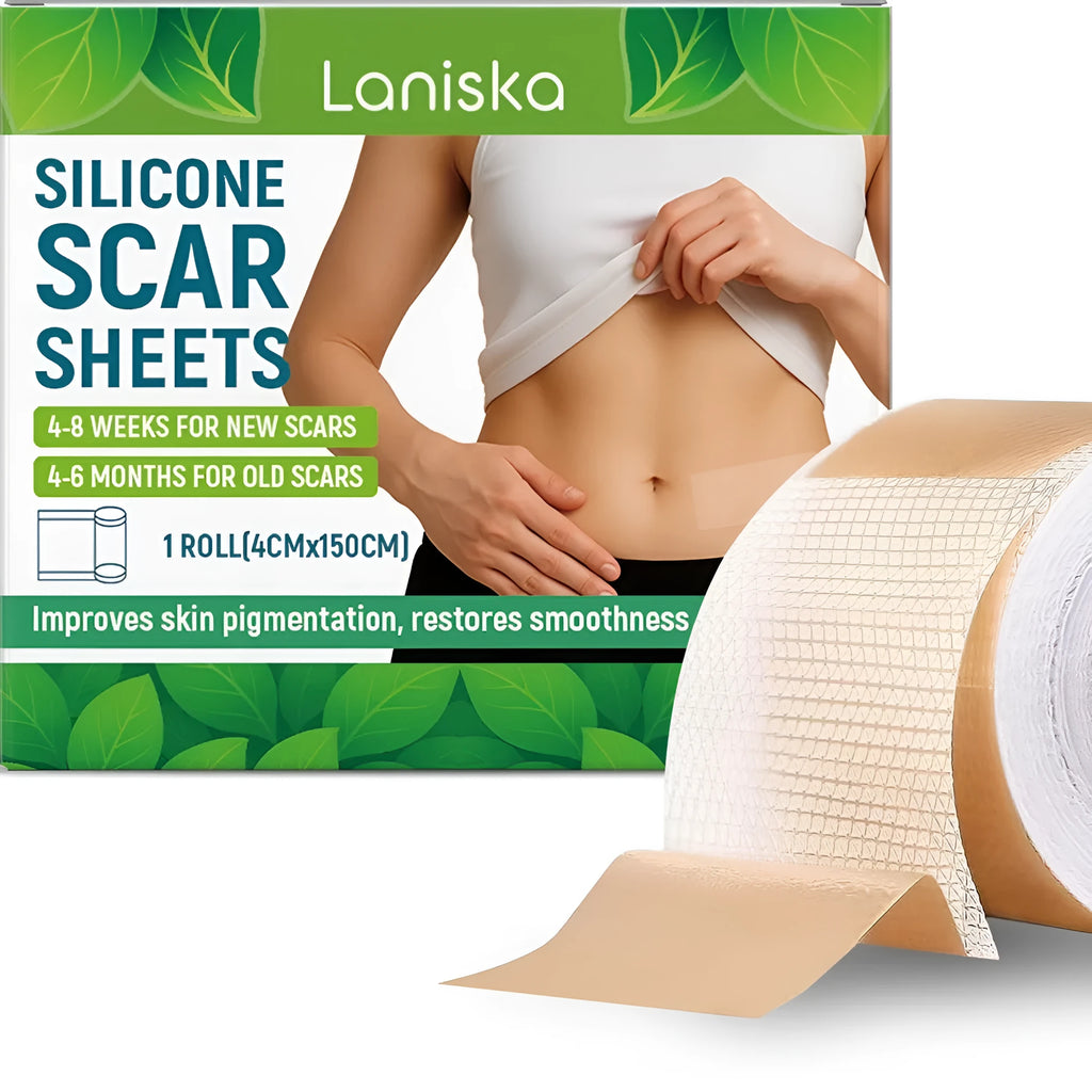 Roll of clear silicone scar sheet with tea tree oil and aloe extract, showing 4cm width.