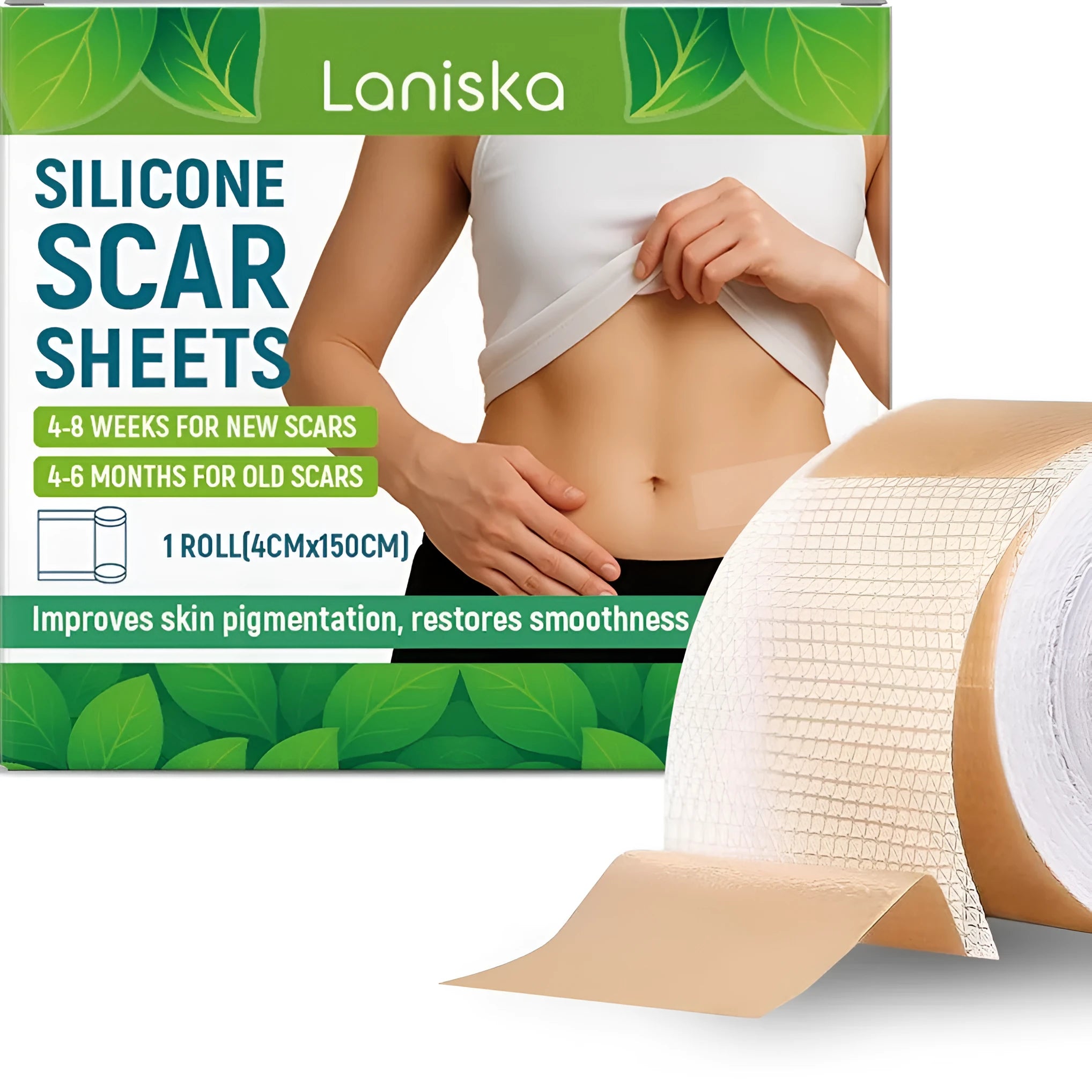 Roll of clear silicone scar sheet with tea tree oil and aloe extract, showing 4cm width.