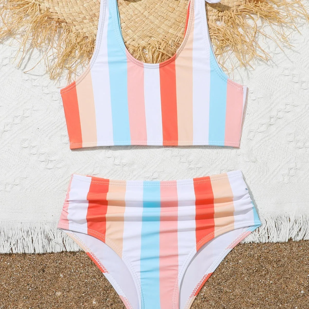 Girls plaid print briefs style swimsuit with polyester lining for swimming
