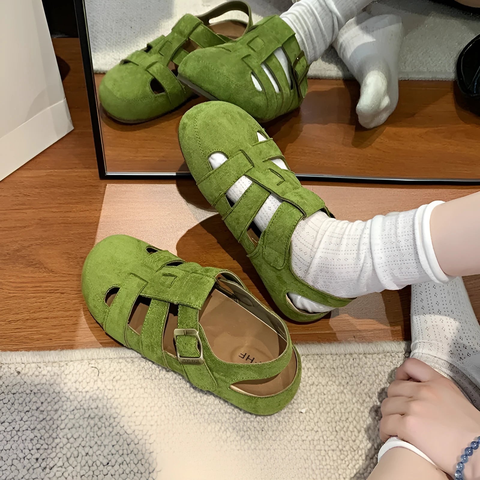 Retro closed toe sandals with two-way hollow-out design in khaki, square toe, rubber sole