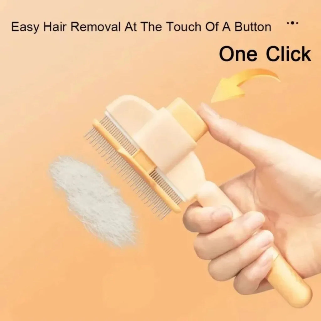 Green and yellow dog grooming brush with one-click hair removal mechanism and pressure adjustment
