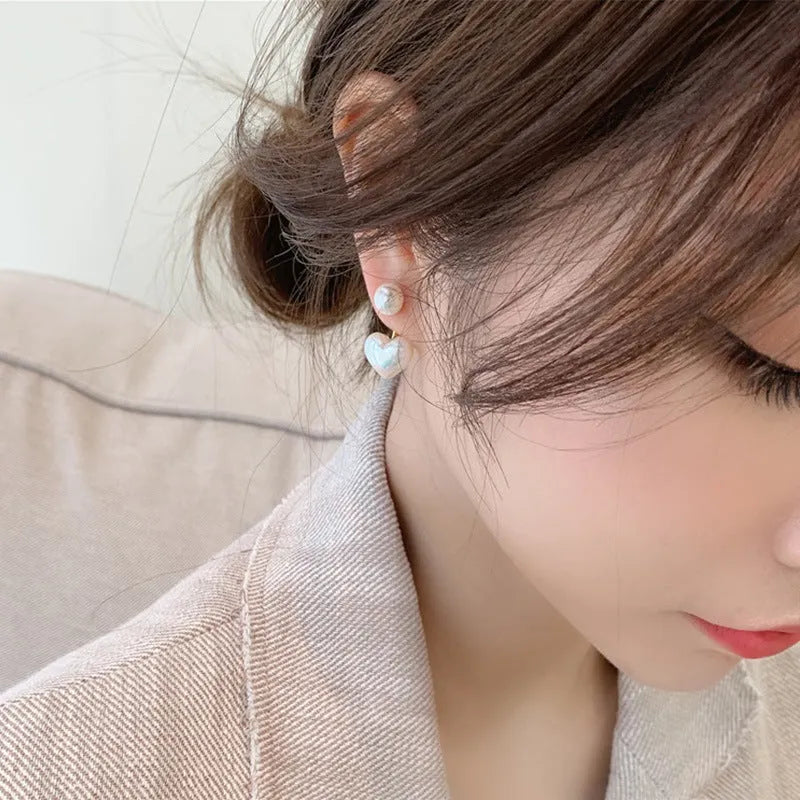 Heart-shaped alloy stud earrings with electroplated finish and artificial gemstones in Korean style