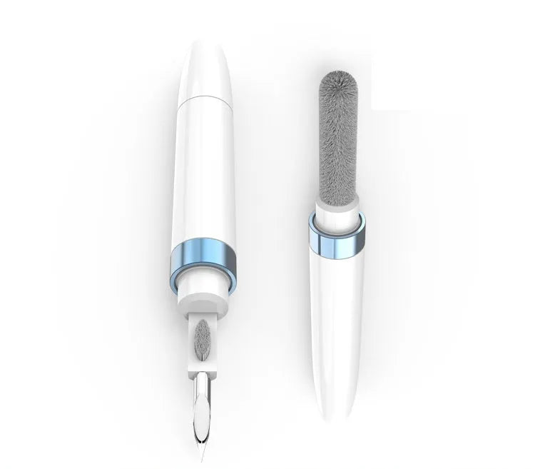 Blue headphone cleaning pen with extended brush and metal nib for electronics