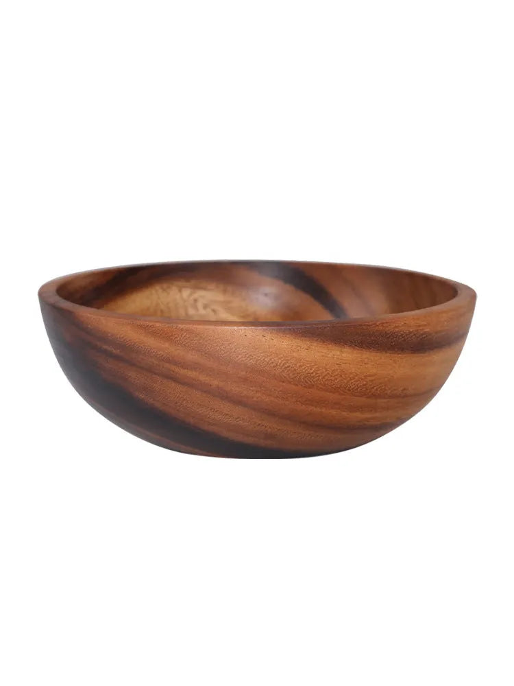 Natural brown wooden bowl with wood grain, overglaze finish, 12x6cm, on a table