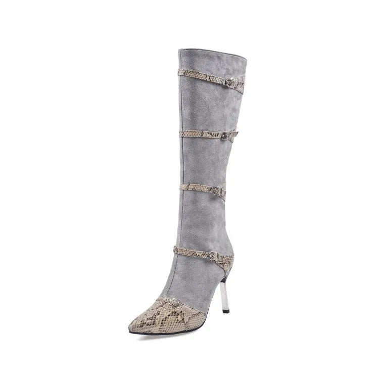 Grey and black women's knee-high boots with a thin 9cm high heel and a 33cm shaft.
