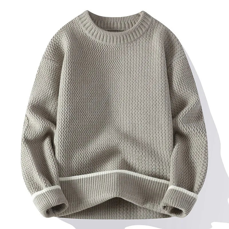 Men's grey loose fit round neck pullover sweater with long sleeves